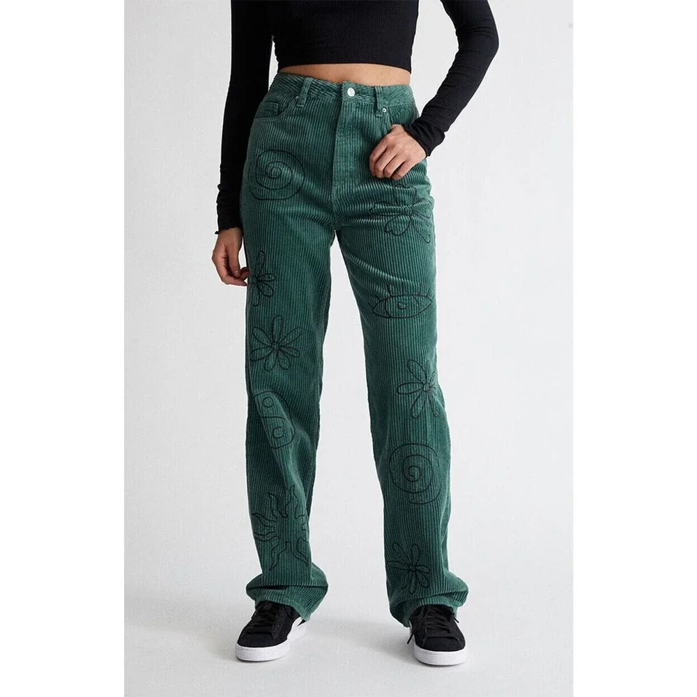 NWT PacSun Green Corduroy Embroidered Boyfriend Jean Doodle Baggy Womens Size 28 - Picture 1 of 16